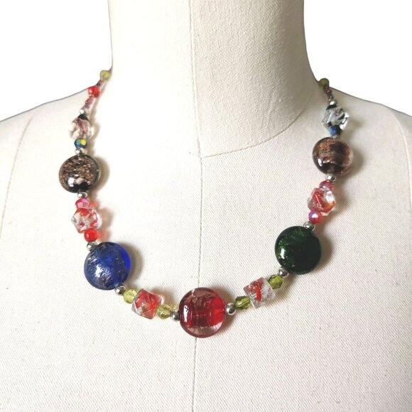 Handmade Art Glass Bead Necklace Beaded Jewelry 19.5" With Extension Boho Chic - Picture 1 of 6